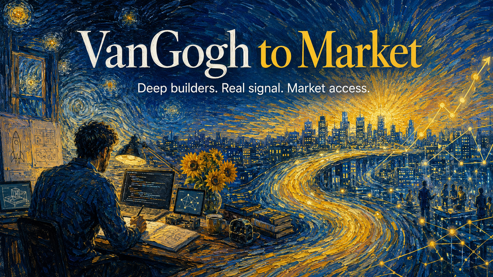 A solitary technical founder building at a desk beneath a luminous painterly night sky, with a glowing road leading toward a distant city.