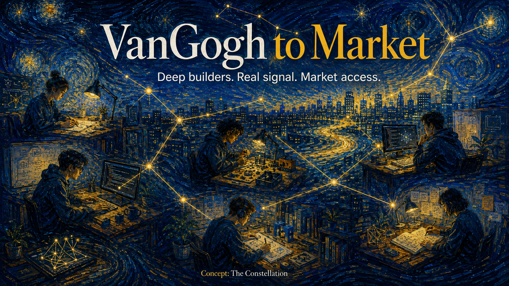 Multiple founders working independently at desks, connected by luminous constellation-like lines across a painterly night cityscape.